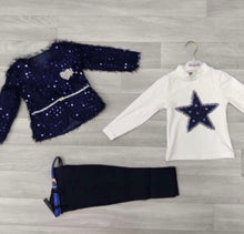Load image into Gallery viewer, Elegant navy set with stunning coat, sequin detail top and trousers with belt