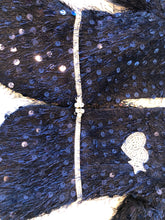 Load image into Gallery viewer, Elegant navy set with stunning coat, sequin detail top and trousers with belt