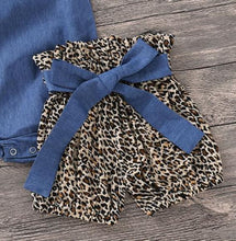 Load image into Gallery viewer, Three piece denim and leopard top and shorts with matching headband