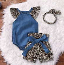 Load image into Gallery viewer, Three piece denim and leopard top and shorts with matching headband