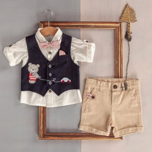 Three piece waistcoat, shirt and shorts with matching bow tie