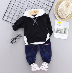 2 Piece Black and White Hoodie with denim look joggers