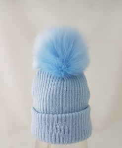 Pale Blue Faux Fur Pom Pom Hat