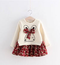 Load image into Gallery viewer, Bunny Sweater with attached wine coloured floral print skirt
