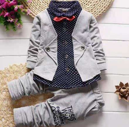 This is what awesome looks like !  Grey Boys Joggers with Shirt and all in one jacket with detachable bow tie