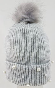 Grey Faux Fur Pom Pom Hat with pearl detailing