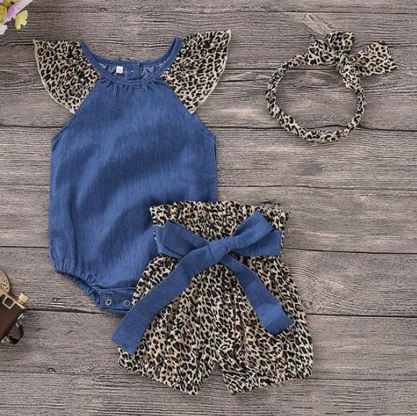 Three piece denim and leopard top and shorts with matching headband