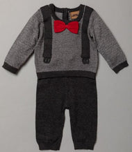 Load image into Gallery viewer, Grey Fine Knit  2 Piece Set with mock Braces and Bow Tie
