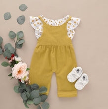 Load image into Gallery viewer, Two piece white floral blouse and ocre coloured dungarees
