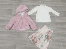 Load image into Gallery viewer, Three Piece Pink Faux Fur Jacket with Matching Floral Print Dress and Long Sleeved Top
