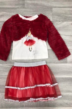 Load image into Gallery viewer, Red Faux Fur Shrug, Long Sleeved Top and Skirt Set
