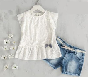 White Broderie Blouse with Matching Denim Shorts and belt