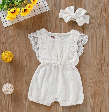 Lace Detail White Romper with headband