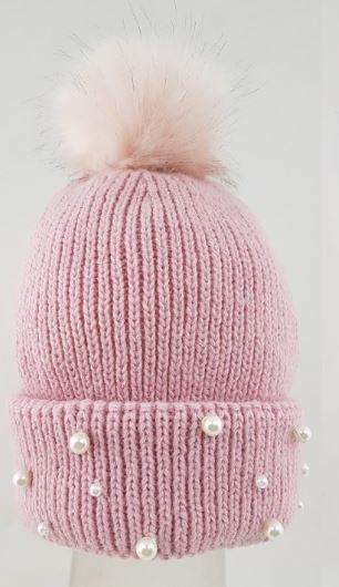 Pale Pink Faux Fur Pom Pom Hat with pearl detailing