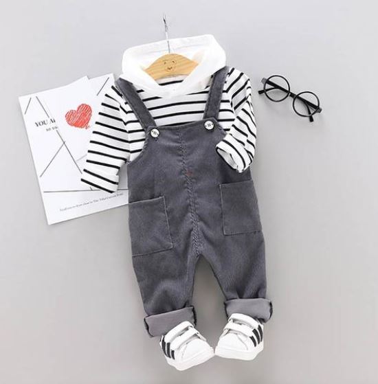 2-Piece Striped Hoodie & Grey Cord Dungarees