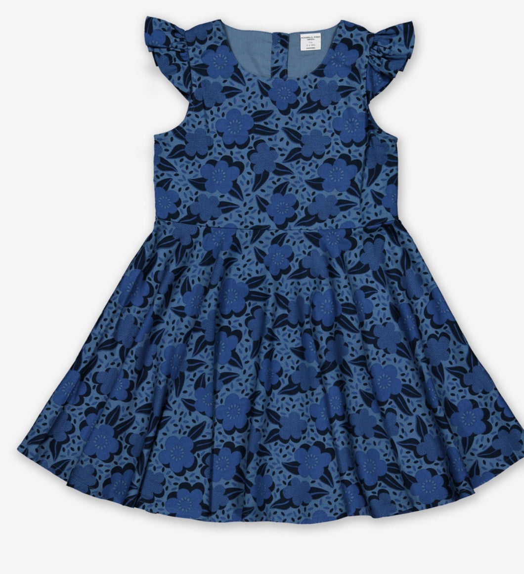 Blue floral print capped sleeved A-line dress