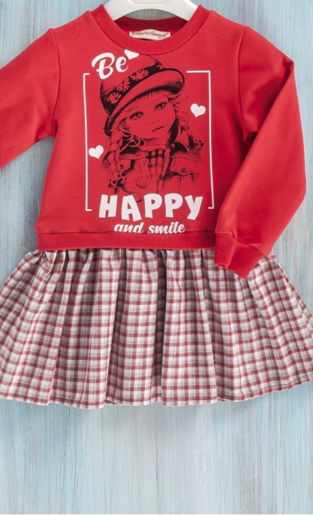 Happy Cherry Red Sweater Top Plaid Dress