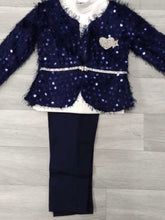 Load image into Gallery viewer, Elegant navy set with stunning coat, sequin detail top and trousers with belt
