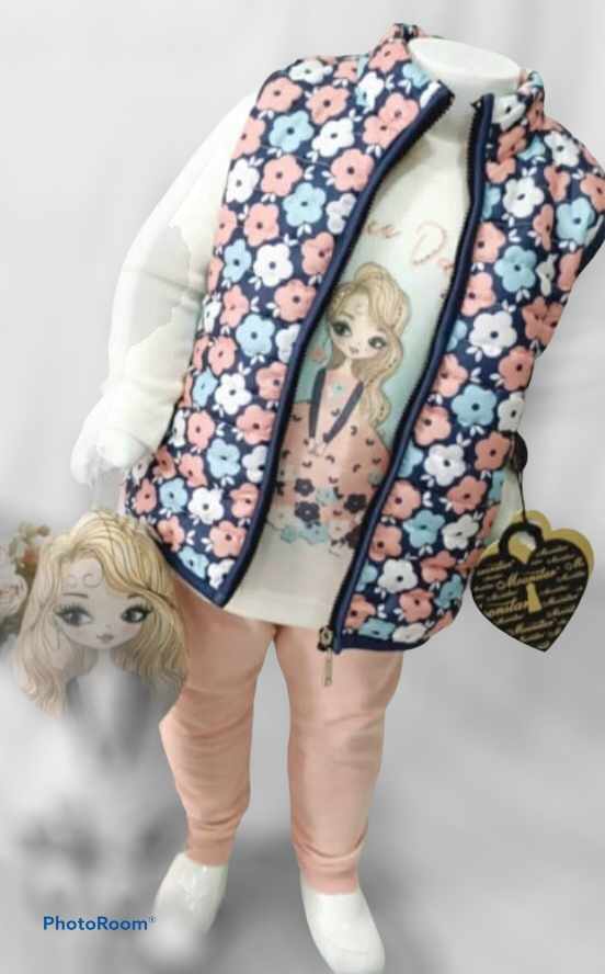 Four Piece Set, quilted gilet, joggers, fine knit sweater and soft toy doll.