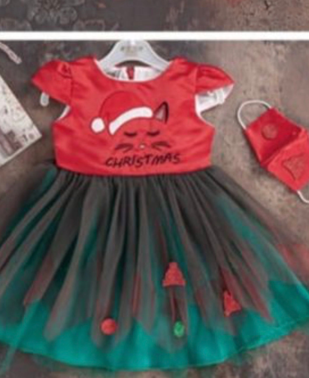 Party Dress with Red Bodice and Green Tulle Skirt