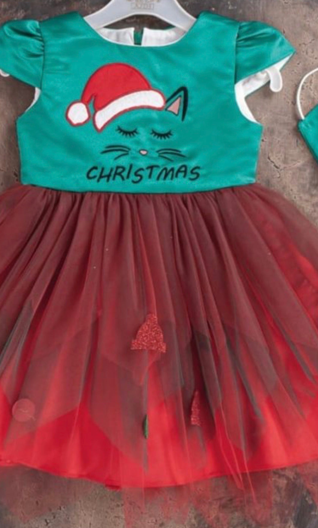 Party Dress with Green Bodice and Red Tulle Skirt