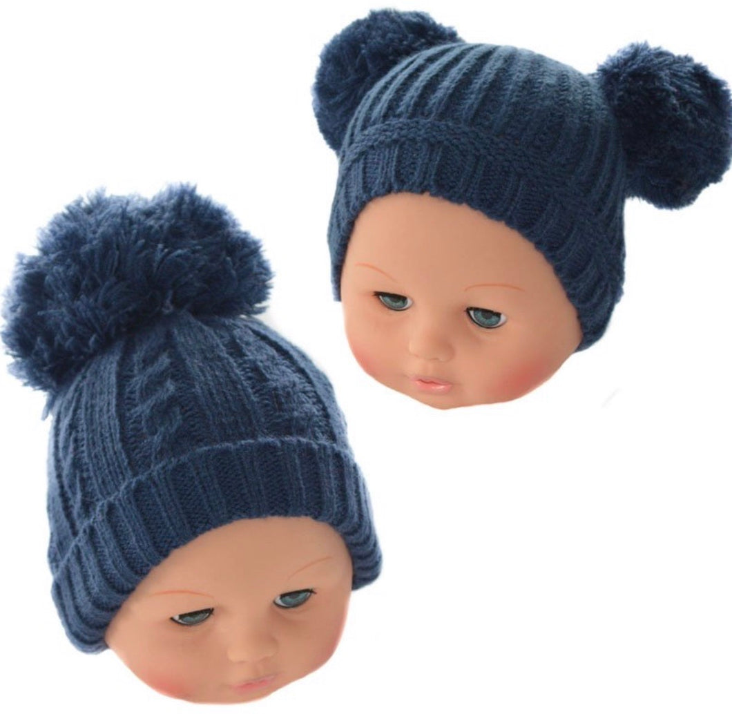 Navy double Pom Pom hat 12-24 Months