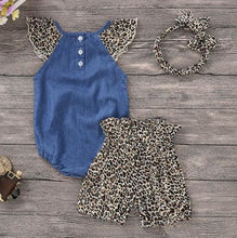 Load image into Gallery viewer, Three piece denim and leopard top and shorts with matching headband
