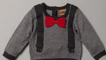 Load image into Gallery viewer, Grey Fine Knit  2 Piece Set with mock Braces and Bow Tie
