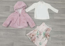 Load image into Gallery viewer, Three Piece Pink Faux Fur Jacket with Matching Floral Print Dress and Long Sleeved Top
