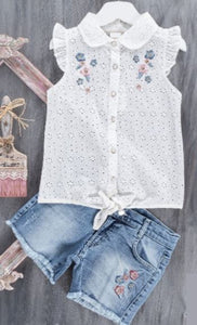 White Broderie Sleeveless Shirts and Denim Shorts set